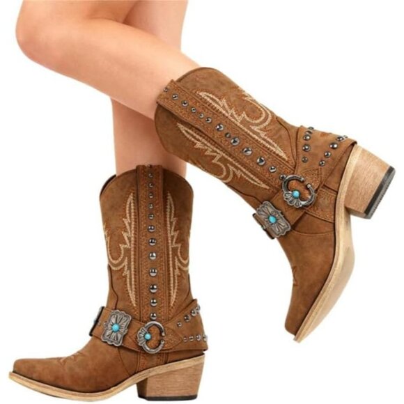 ⚡Women's Brown Ankle High Embroidery Pointed Toe Cowgirl Western Boots - Picture 4 of 6